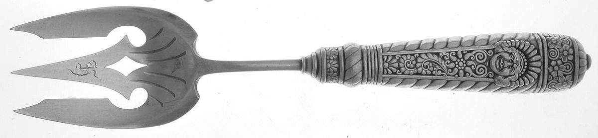 Assyrian Head (Silverplate, 1886) Large Hollow Handle Fish Serving Fork by International Silver-1