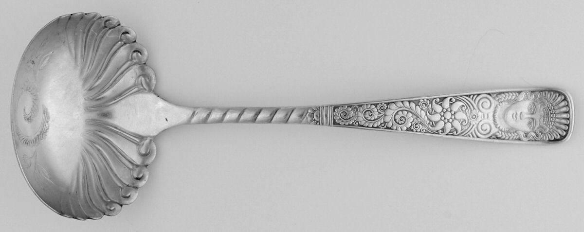Assyrian Head (Silverplate, 1886) Gravy Ladle, Brightcut Solid Piece by International Silver-1