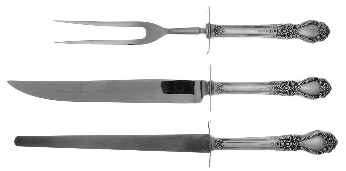 Brocade (Sterling, 1950) Large 3-Piece Roast Carving Set w/ Stainless Blade by International Silver-1