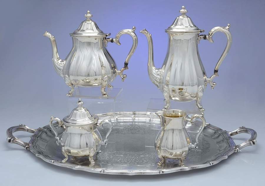 Chippendale (Silverplate, Hollowware, Four Toe) 5-Piece Silverplate Tea Set (with Tray) by International Silver-1
