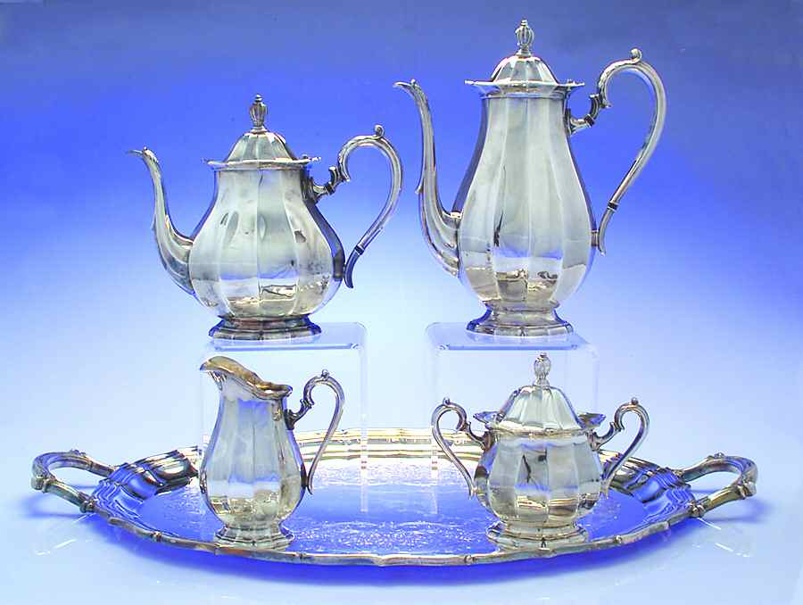 English Flutes (Silverplate, Hollowware) 5-Piece Silverplate Tea Set (with Tray) by International Silver-1