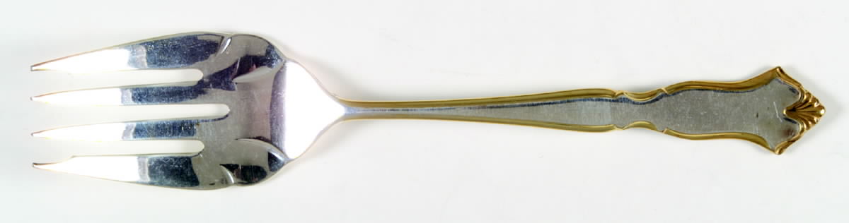 Golden Chadwick (Silverplate, Gold Accent, 1975) Medium Solid Cold Meat Serving Fork by International Silver-1
