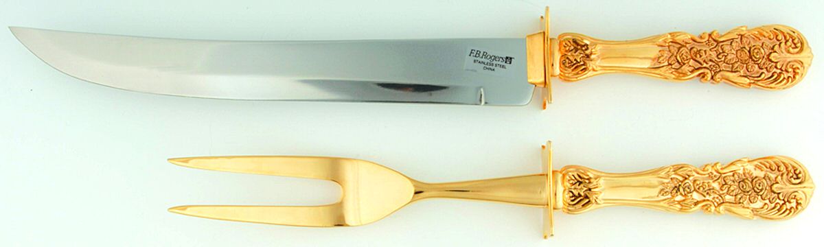 Golden French Rose (Gold Electroplate) Large 2-Piece Roast Carving Set w/Stainless Blade by International Silver-1