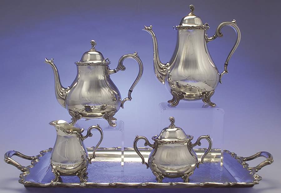 Joanne (Silverplate, Hollowware) 5-Piece Silverplate Tea Set (with Tray) by International Silver-1