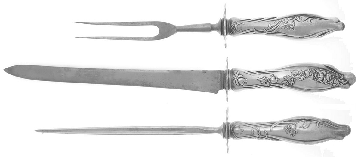 Mille Fleurs (Sterling, 1904) Large 3-Piece Roast Carving Set w/ Stainless Blade by International Silver-1