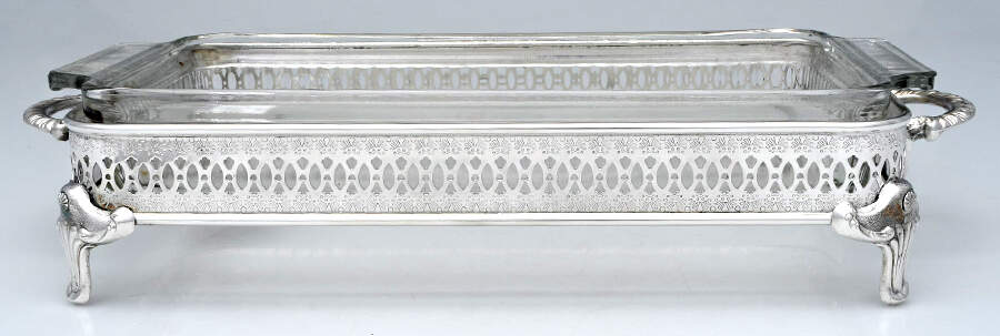 Silverplate Hollowware 3 Qt Glass Rectangular Casserole W/Holder by International Silver-1