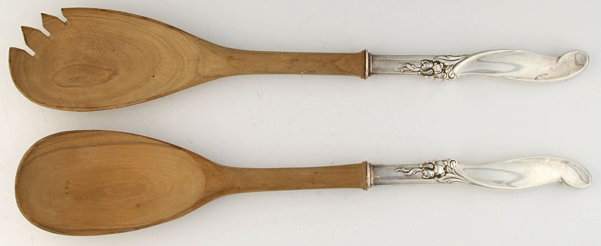 Silver Melody (Sterling, 1955) Wooden Bowl 2-Piece Salad Set by International Silver-1