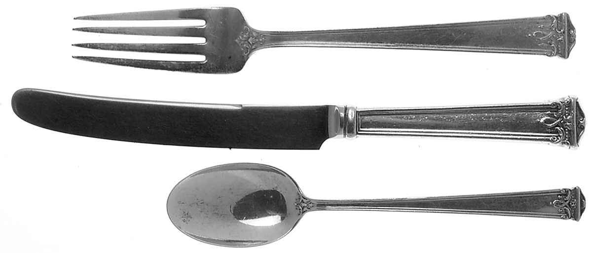 Trianon (Sterling, 1921, No Monograms) 3-Piece Youth Set (Stnls Knife, SolidFork & Spoon) by International Silver-1