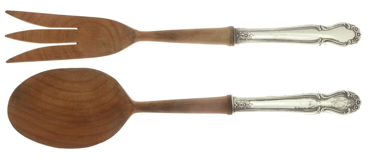 Wedding Bells (Sterling, 1948) Wooden Bowl 2-Piece Salad Set by International Silver-1