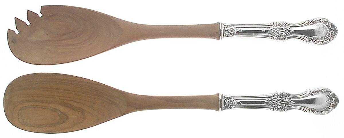 Wild Rose-New (Sterling, 1948, New, No Monos) Wooden Bowl 2 Piece Salad Set by International Silver-1