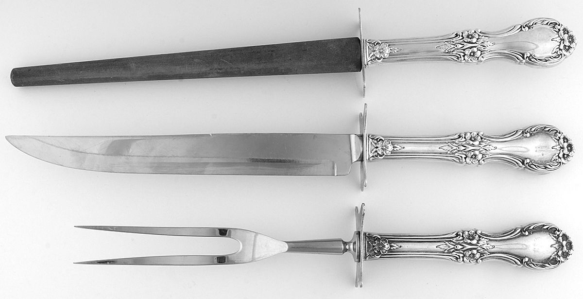 Wild Rose-New (Sterling, 1948, New, No Monos) Large 3-Piece Roast Carving Set with Stainless Blade by International Silver-1