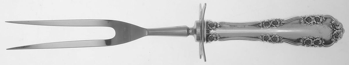 Wild Rose-Old-Rosalind (Sterling, 1908, No Monos) Large Stainless-Prong Roast Carving Fork by International Silver-1