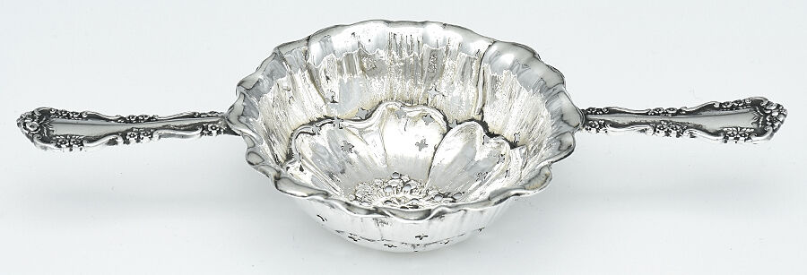 Wild Rose-Old-Rosalind (Sterling, 1908, No Monos) Solid Individual Overcup Tea Strainer by International Silver-1