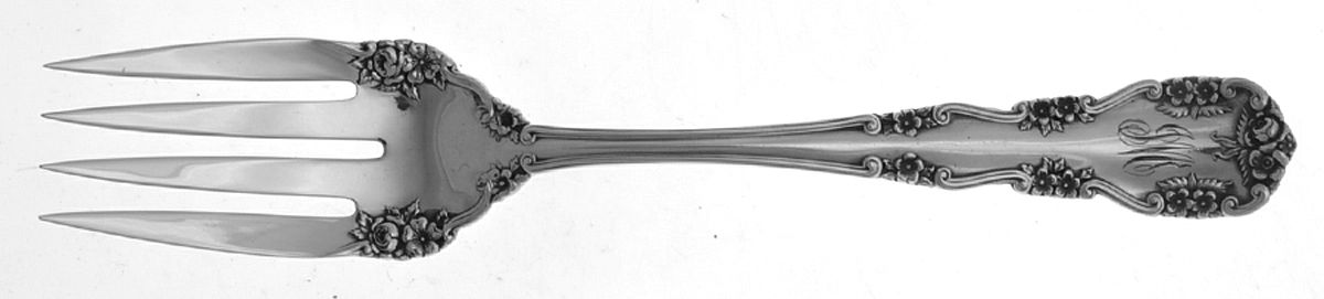 Wild Rose-Old-Rosalind (Sterling, 1908, No Monos) Small Solid Cold Meat Serving Fork by International Silver-1