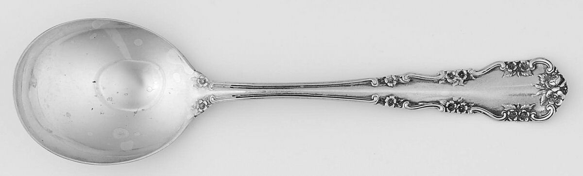 Wild Rose-Old-Rosalind (Sterling, 1908, No Monos) Round Bowl Soup Spoon (Cream Soup) by International Silver-1
