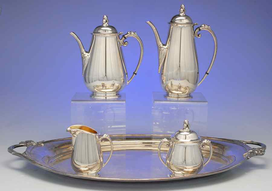 Silver Iris (Silverplate Hollowware) 5-Piece Silverplate Tea Set (with Tray) by International Silver-1