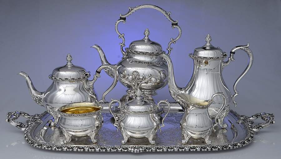 Du Barry-Floral Border (Silver, Hollowware, Wbswcx) 7-Piece Plated Tea Set (w/ Waste, Kttle & Try) by International Silver-1