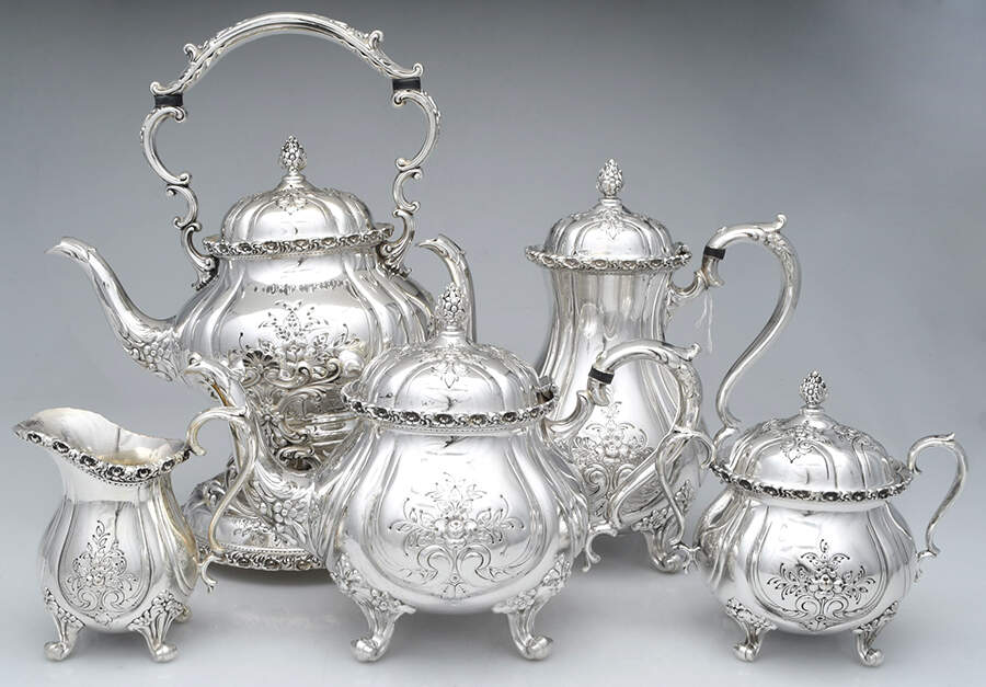 Du Barry-Chased (Silverplate, Hllwr, Websterwlcx) 5-Piece Plated Tea Set (with Kettle) by International Silver-1