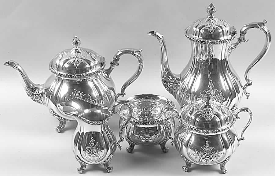 Du Barry-Chased (Silverplate, Hllwr, Websterwlcx) 5-Piece Plated Tea Set (with Waste) by International Silver-1