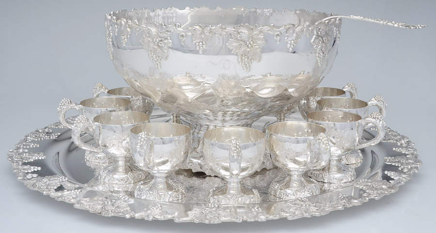 Vintage-Chased (Silverplate, Hollowware) Punch Set (Bowl,  12 Cups, Tray and Ladle) by International Silver-1