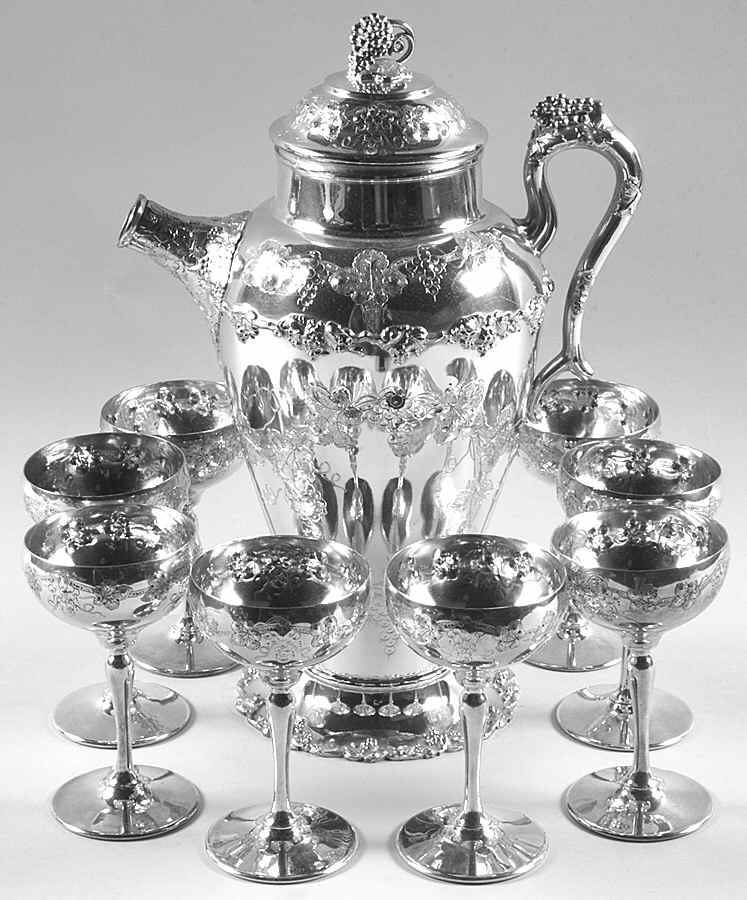 Vintage-Chased (Silverplate, Hollowware) Martini Set 9 Pc (Shaker & 8 Glasses) by International Silver-1