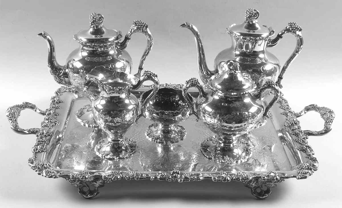 Vintage-Chased (Silverplate, Hollowware) 6-Piece Plated Tea Set (Waste & Tray) by International Silver-1