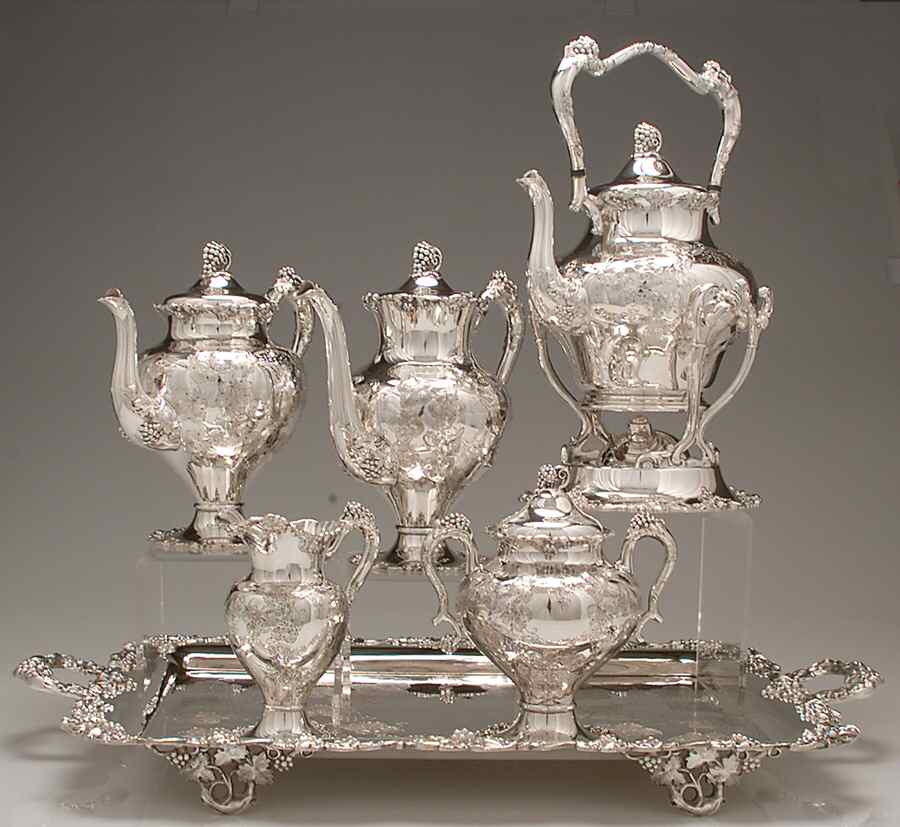 Vintage-Chased (Silverplate, Hollowware) 6-Piece Plated Tea Set (with Kettle & Tray) by International Silver-1