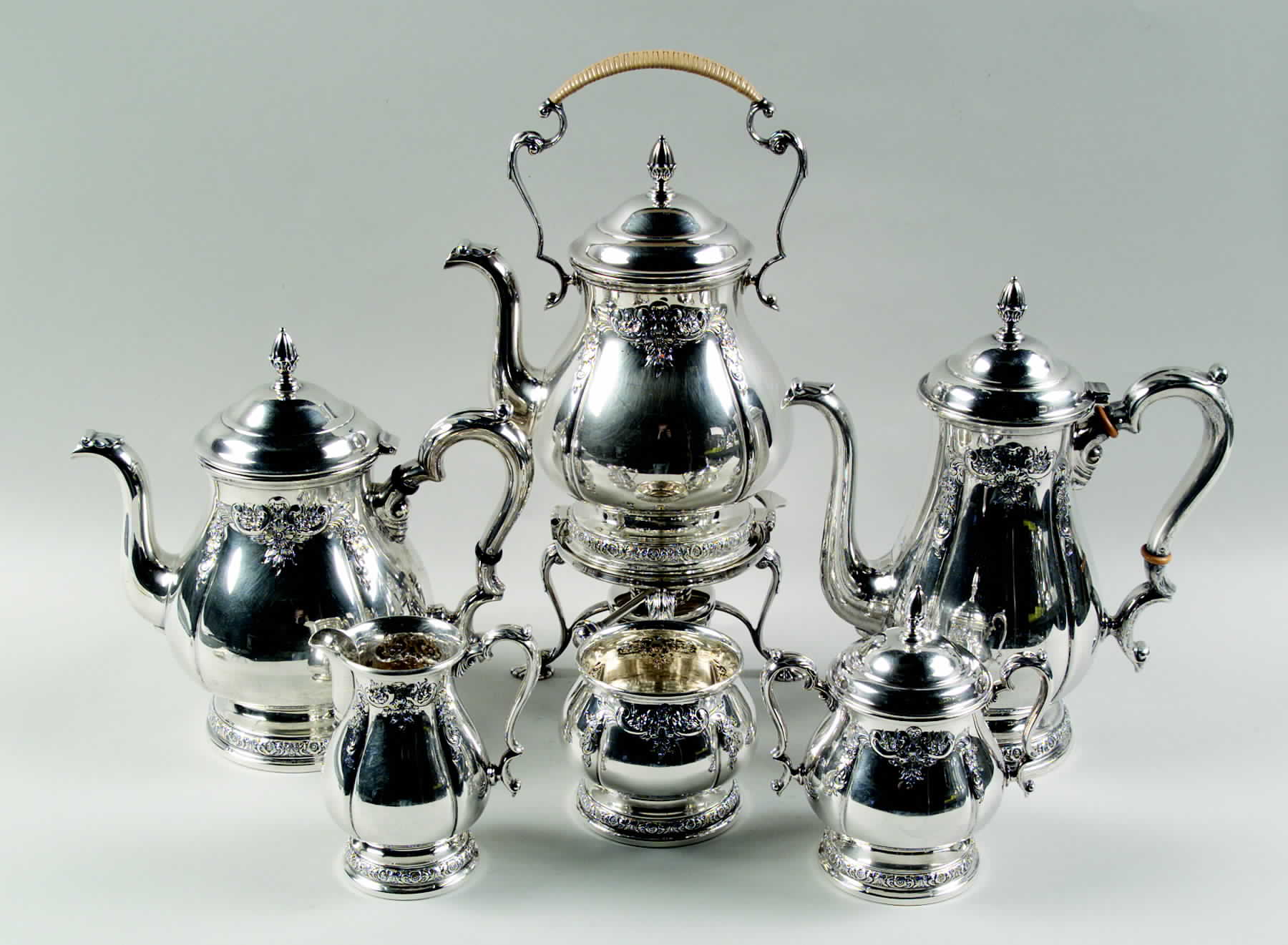 Prelude-Chased (Sterling Hollowware) 6 Piece Tea Set (SCP, STP, SCR, SSU, SWB, SKES) by International Silver-1