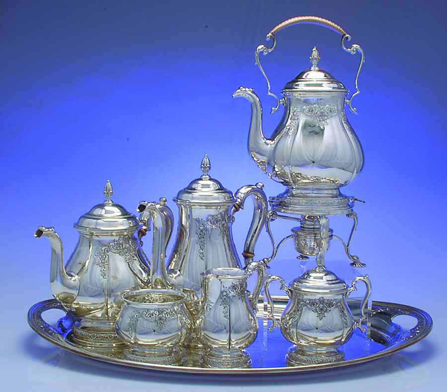 Prelude-Chased (Sterling Hollowware) 7 Piece Tea Set (SCP, STP, SCR, SSU, SWB, SKES & WTL) by International Silver-1