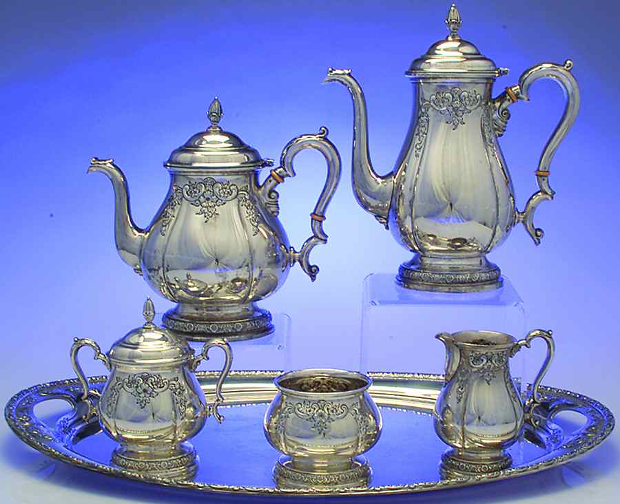 Prelude-Chased (Sterling Hollowware) 6 Piece Tea Set (SCP, STP, SCR, SSU, SWB, WTL) by International Silver-1