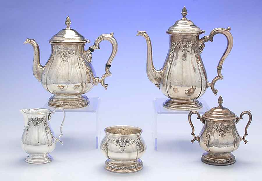 Prelude-Chased (Sterling Hollowware) 5 Piece Tea Set (SCP, STP, SCR, SSU, SWB) by International Silver-1