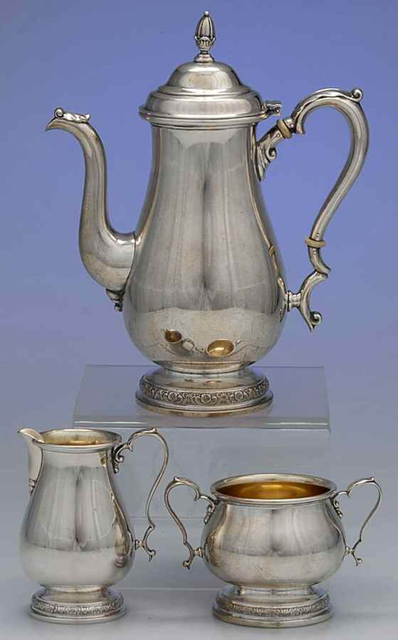 Prelude-Plain (Sterling Hollowware) 3 Pc Demitasse Set, Coffee Pot, Creamer&Open Sugar by International Silver-1