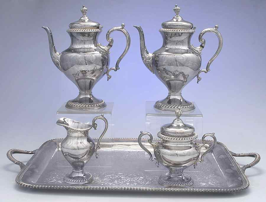 Ashley (Silverplate, Hollowware) 5-Piece Silverplate Tea Set (with Tray) by International Silver-1