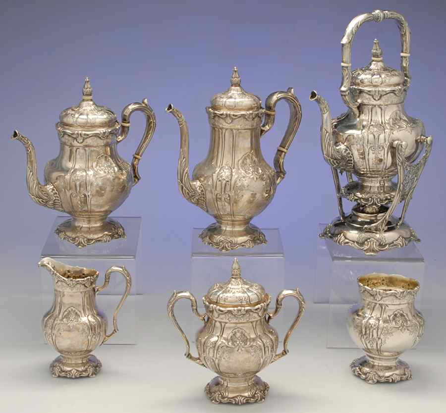 Richelieu-Hand Chased (Sterling, Hollowware) 6 Piece Tea Set (SCP, STP, SCR, SSU, SWB, SKES) by International Silver-1