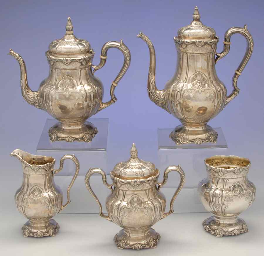 Richelieu-Hand Chased (Sterling, Hollowware) 5 Piece Tea Set (SCP, STP, SCR, SSU, SWB) by International Silver-1