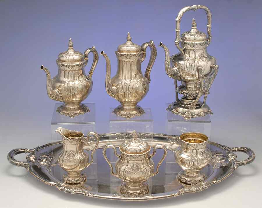 Richelieu-Hand Chased (Sterling, Hollowware) 7 Piece Tea Set (SCP, STP, SCR, SSU, SWB, SKES & WTL) by International Silver-1