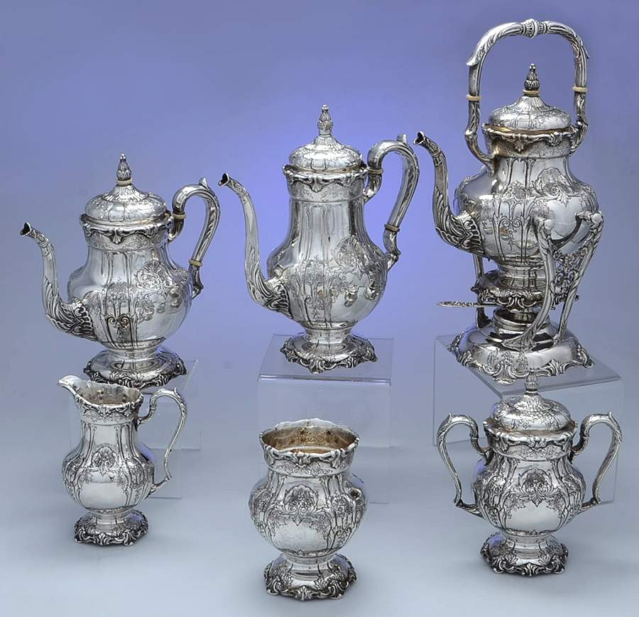 Richelieu-Hand Chased (Sterling, Hollowware) 6 Piece Tea Set (SCP, STP, SCR, SSU, SWB, SKES) by International Silver-1