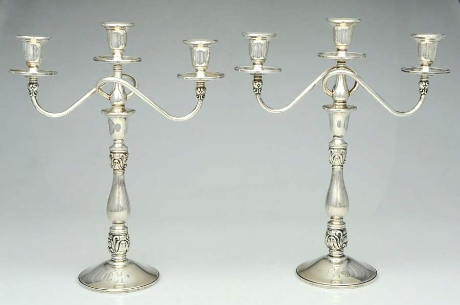 Royal Danish (Sterling, Hollowware) Pair of Weighted 3 Light Candelabra by International Silver-1