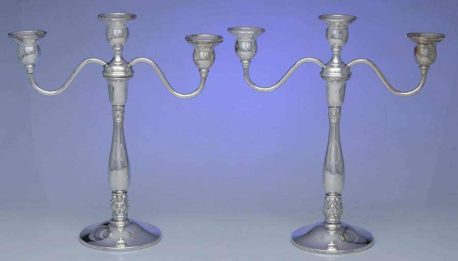 Royal Danish (Sterling, Hollowware) Pair of Weighted 3 Light Candelabra by International Silver-1