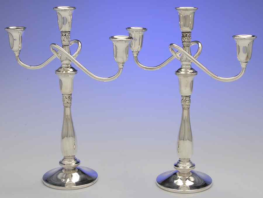 Royal Danish (Sterling, Hollowware) Pair of Weighted 3 Light Candelabra by International Silver-1