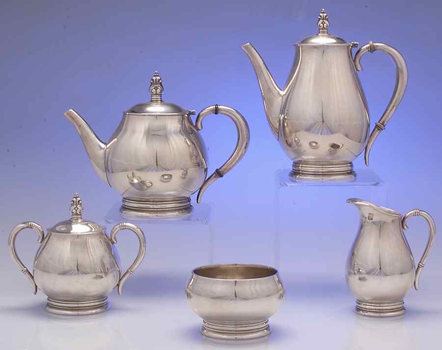 Royal Danish (Sterling, Hollowware) 5 Piece Tea Set (SCP, STP, SCR, SSU, SWB) by International Silver-1