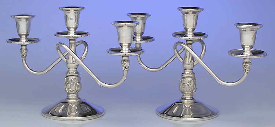 Royal Danish (Sterling, Hollowware) Pair of Weighted 3 Light Candelabra by International Silver-1