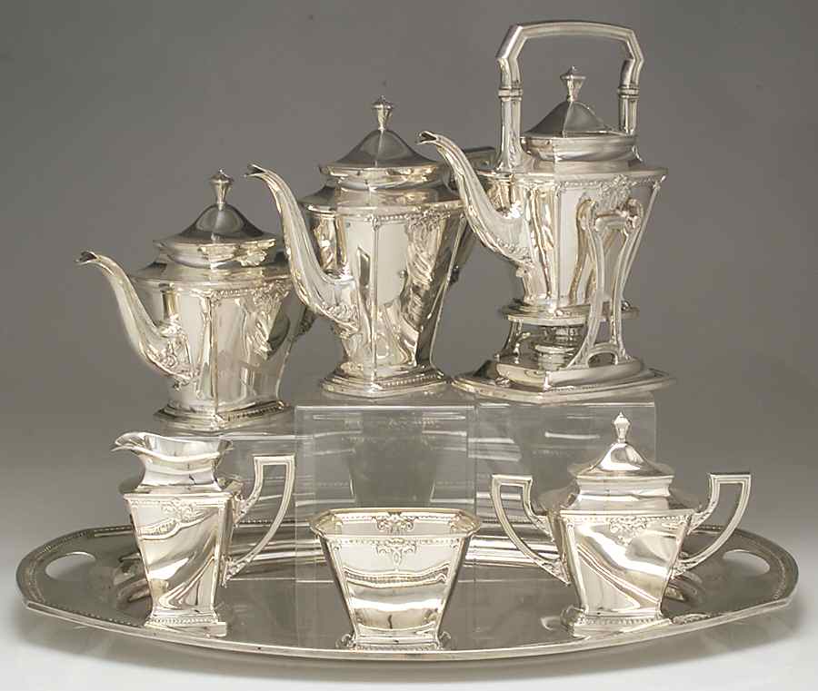 Trianon (Sterling, Hollowware) 7 Piece Tea Set (SCP, STP, SCR, SSU, SWB, SKES & WTL) by International Silver-1