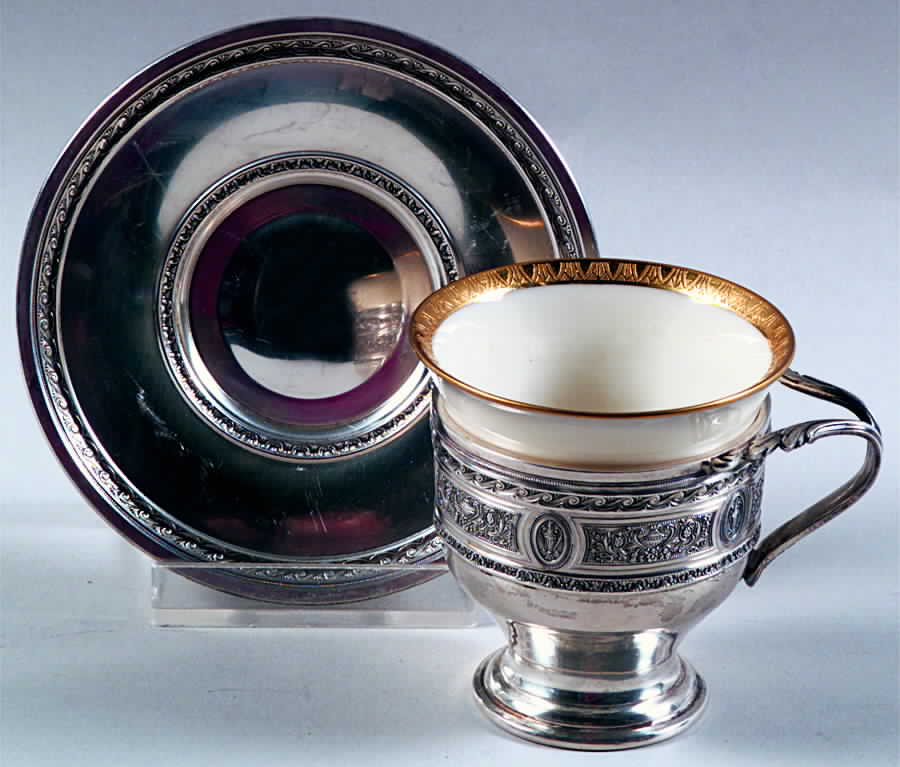 Wedgwood (Sterling, Hollowware, Geometric Base) Sterling Demitasse Cup, Saucer and Liner by International Silver-1