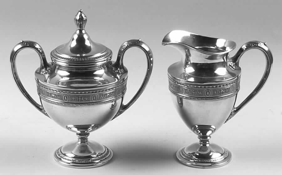 Wedgwood (Sterling, Hollowware, Geometric Base) Creamer & Sugar Bowl with Lid Set by International Silver-1