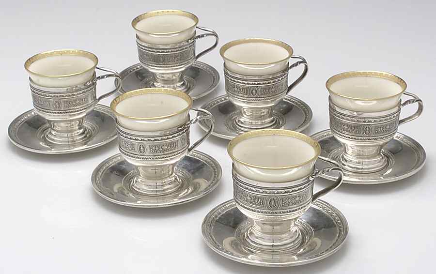 Wedgwood (Sterling, Hollowware, Geometric Base) Demi Cup and Saucer with Liner - Set of 6 by International Silver-1
