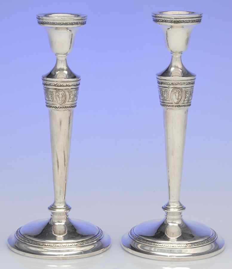 Wedgwood (Sterling, Hollowware, Geometric Base) Pair of Weighted Candlesticks by International Silver-1