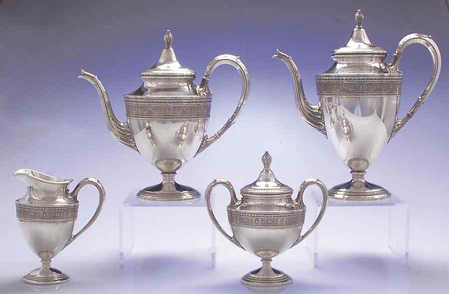 Wedgwood (Sterling, Hollowware, Geometric Base) 4 Piece Tea Set (SCP, STP, SCR, SSU) by International Silver-1