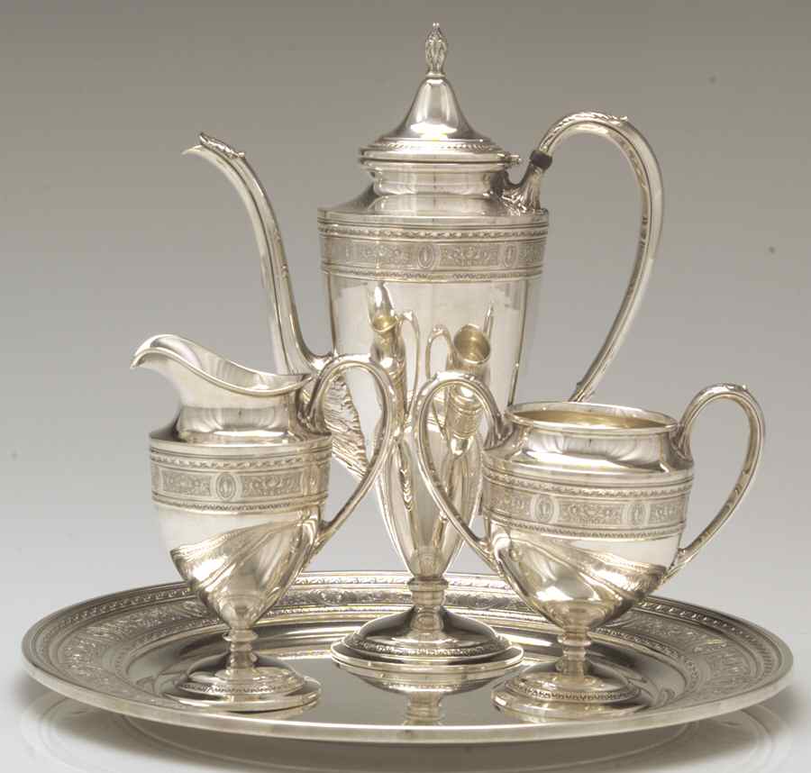 Wedgwood (Sterling, Hollowware, Geometric Base) 4 Piece Mini Coffee Set (SCPM, SCRM, SSUOM, STRDEM) by International Silver-1