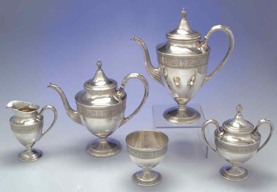 Wedgwood (Sterling, Hollowware, Geometric Base) 5 Piece Tea Set (SCP, STP, SCR, SSU, SWB) by International Silver-1